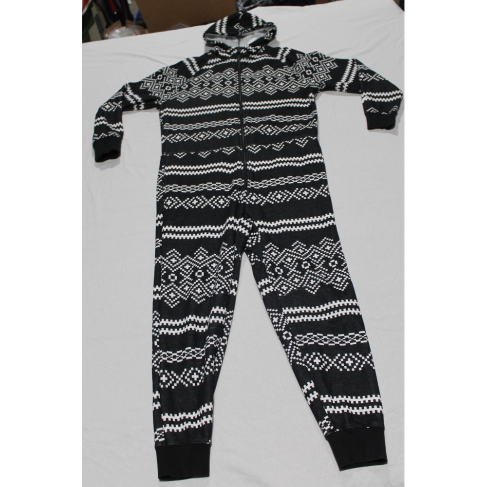Fabletics Hooded One Piece Jumpsuit Women's Large Black White Fair Isle Pajamas